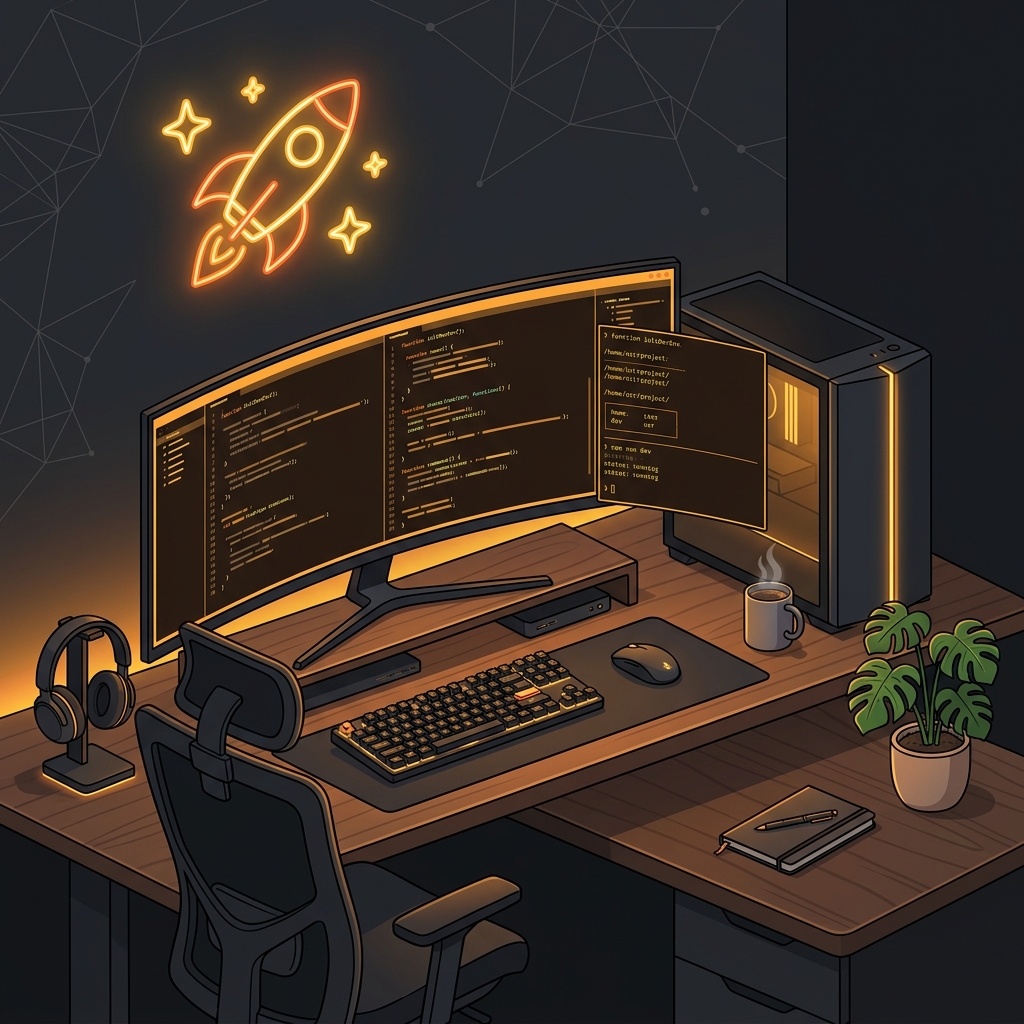 Minimalist illustration of a software developer workspace
